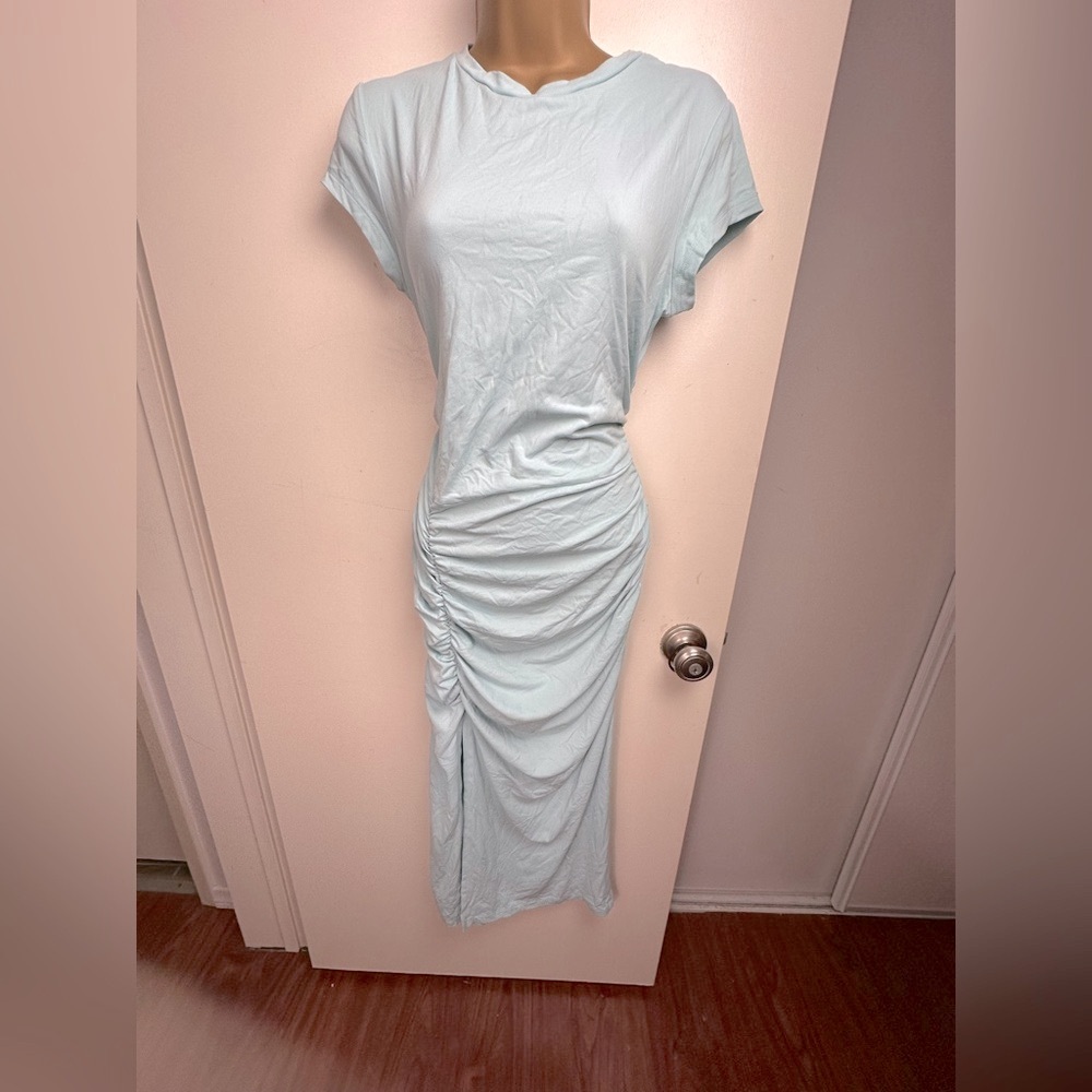 Susana Monaco Breath Blue Stretch Ruched Front Slit Bodycon Shirt Dress XL